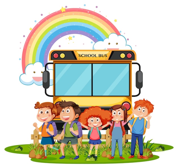 Kinderen met schoolbus in cartoonstijl