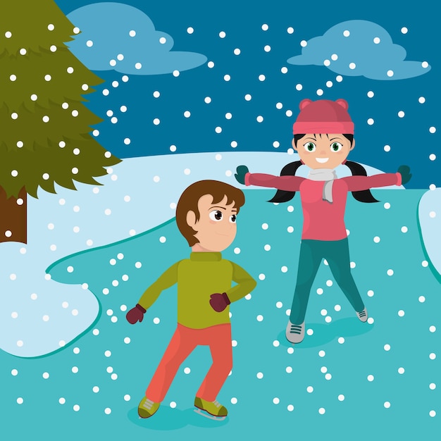 Vector kinderen met winterkleren die in het ijs spelen