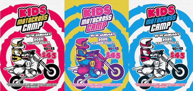 Kinderen motocross kamp poster ontwerp zomer retro vintage cool kleur illustratie flyer