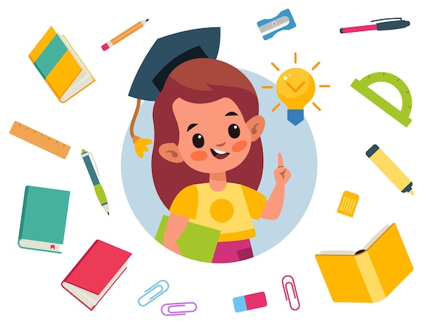 Kinderen onderwijs Cartoon meisje met idee gloeilamp Schattig schoolmeisje houdt boek geïsoleerde leerboeken en briefpapier Lagere school afgestudeerd in zwarte dop Vector jonge teken studeren in elementaire