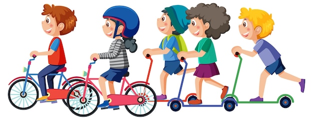 Vector kinderen op scooters en fietsen