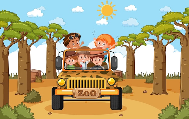 Vector kinderen op toeristenauto verkennen in de dierentuinscène