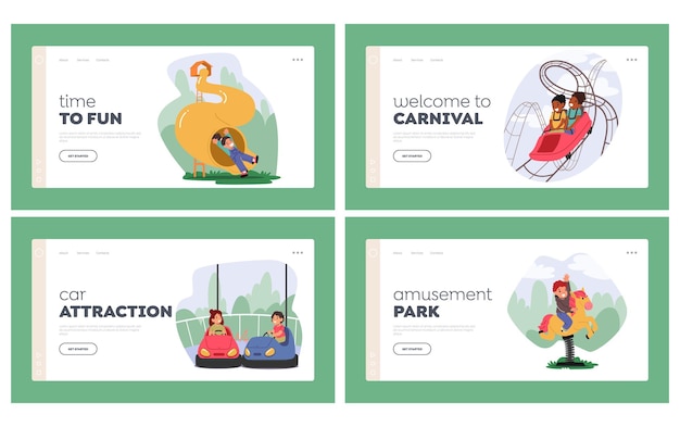 Kinderen plezier in pretpark Landing Page Template Set Kleine meisjes en jongens Karakters rijden achtbaan