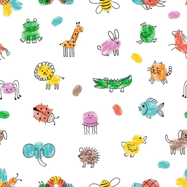 Kinderen schilderen patroon Vingerafdruk dieren schattig tekening insect en wilde dieren print Kids doodle vector naadloze textuur