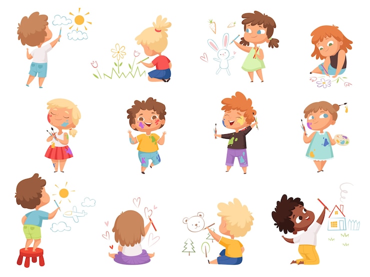 Vector kinderen schilders. verfspatten op kinderkleding kinderen met palet en gekleurde borstels hand met tekens. illustratie kind tekening cartoon afbeelding, gelukkige kinderen met kleurpotloden