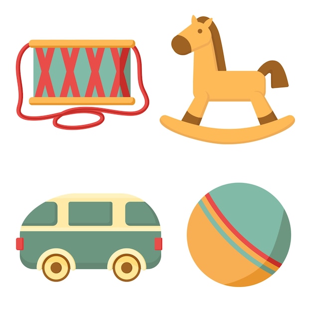 Kinderen speelgoed pictogrammenset paard trommel bal auto kinderspeelgoed platte vectorillustratie voor u ontwerpen