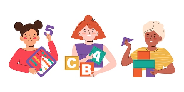 Kinderen spelen educatieve spelletjes Meisjes en jongens studeren in de les op school Thuisonderwijs