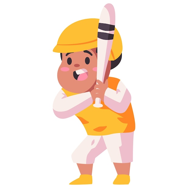 Kinderen spelen honkbal met een gele helm en kostuum met een vleermuis in een platte kleur geïsoleerde achtergrond vector illustratie
