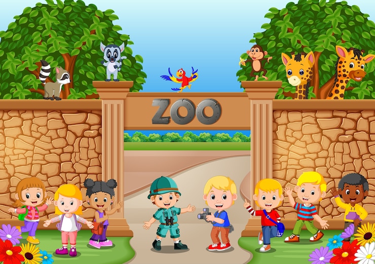 Vector kinderen spelen in de dierentuin met dierenverzorger en dier
