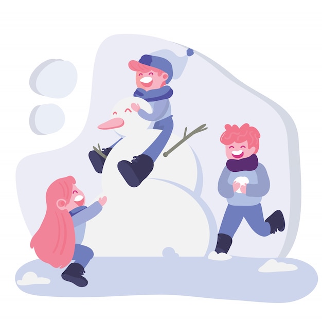 Kinderen spelen in de winter met sneeuw man