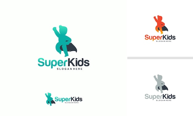 Kinderen spelen logo ontwerpen concept vector, super kids logo sjabloon, superheld kinderen pictogrammalplaatje