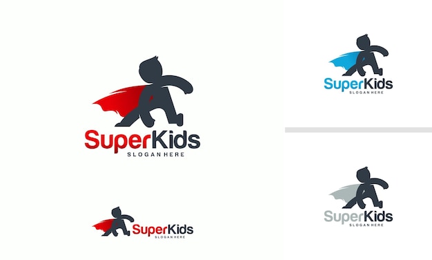 Kinderen spelen logo ontwerpen concept vector, Super Kids logo sjabloon, superheld kinderen pictogrammalplaatje