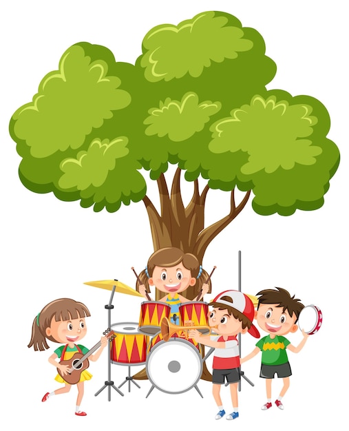 Kinderen spelen muziek onder de boom