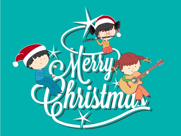 Kinderen spelen muziek op merry christmas tree belettering met kalligrafische lettertype