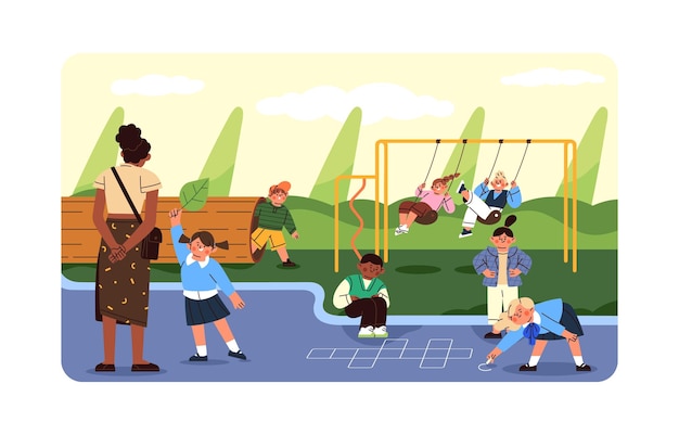 Kinderen spelen swing hopscotch tekenen met krijt leren de natuur over de hele wereld Kindergarten groep heeft plezier op de speeltuin met de leraar Buitenactiviteiten in het zomerpark Platte vector illustratie
