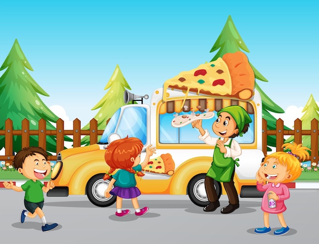 Kinderen staan in de rij bij pizzatruck