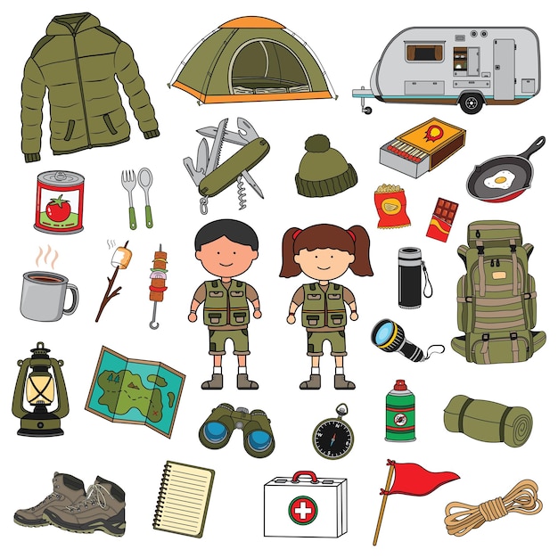 kinderen tekenen Vector illustratie set camping iconen in doodle stijl