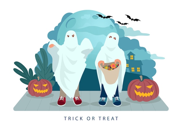 Kinderen trick or treat in halloween-nacht met spookkostuum met snoepzakje