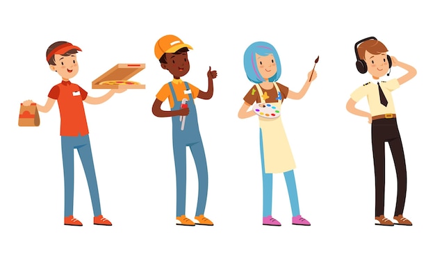 Kinderen van verschillende beroepen Set Pizza bezorger loodgieter luchtverkeersleider kunstenaar personages Cartoon stijl Vector illustratie