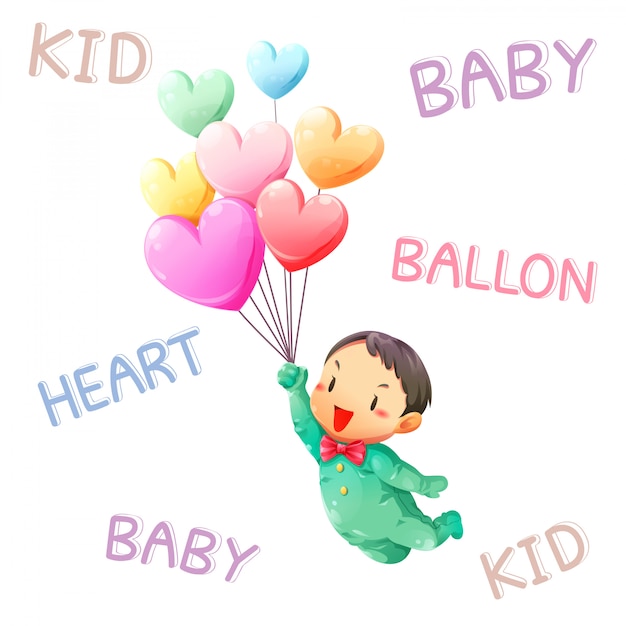 Kinderen vangen ballonnen zwevend in de lucht en lettertype