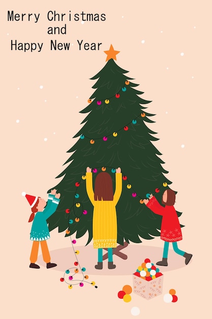 Kinderen versieren de kerstboomNieuwjaarspatroon