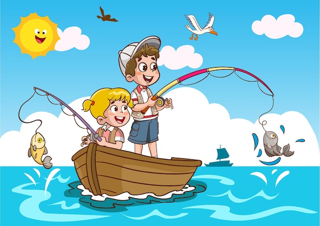 kinderen vissen in de zee cartoon vector