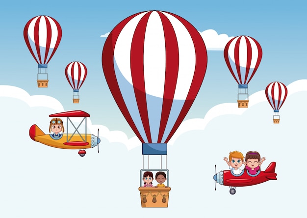 Vector kinderen vliegen in de lucht leuke tekenfilms