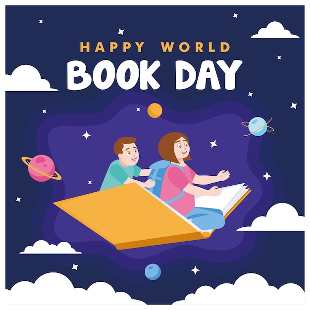 Kinderen vliegen met open boeken Het lezen van boeken kan inzicht en kennis vergroten Wereldboekdagconcept Platte vectorillustratie