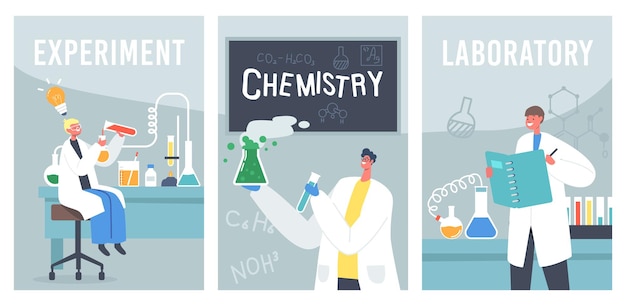 Kinderen werken en experimenteren scheikunde laboratorium banners. Kinderen tekens studeren in de klas met reageerbuizen, bekers en wetenschappelijke hulpmiddelen, scheikundestudenten. Cartoon mensen vectorillustratie