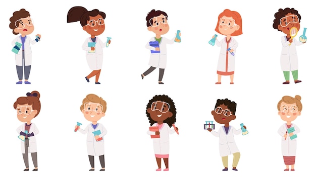 Kinderen wetenschappers jongens en meisjes experimenteren in scheikunde lab Multiraciale kinderen wetenschappers doen wetenschappelijk experiment vector illustratie set Baby wetenschapper tekens houden kolven en buizen