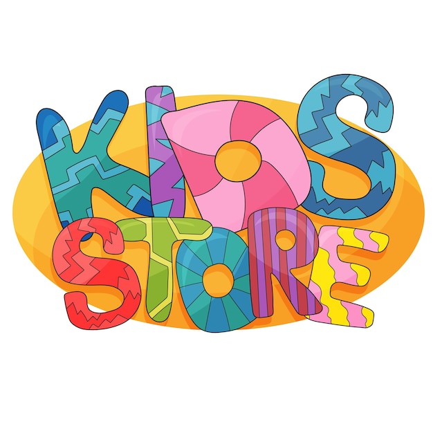 Kinderen winkel vector cartoon logo. Kleurrijke bellenletters voor kinderspeelkamerdecoratie. Inscriptie op geïsoleerde achtergrond
