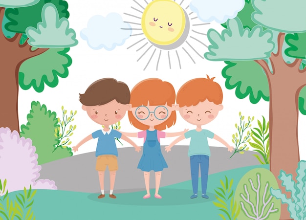 Kinderen zone, schattig meisje en jongens in het park zon cartoon
