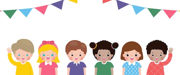 kinderfeestje geïsoleerd op een witte achtergrond vector illustratie set van groep gelukkige kinderen Flat