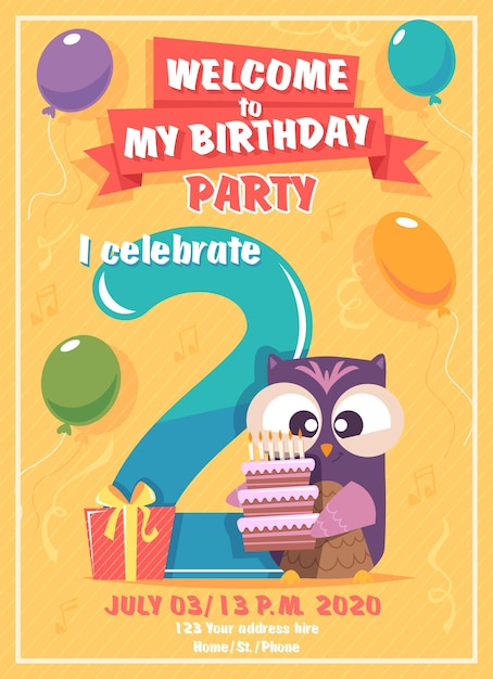 Kinderfeestje poster met uil, ballonnen en cake