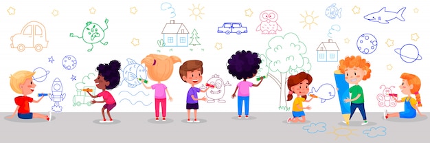 Vector kinderfiguren tekenen op witte muren. internationale dag voor kinderen. zomeractiviteiten voor kinderen. illustraties.