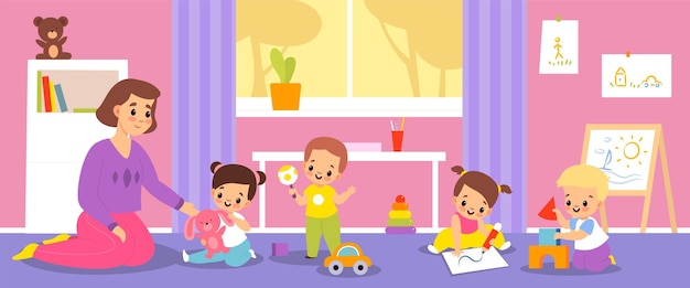 Kindergarten babies happy children with teacher in nursery cute kids with toys boys and girls educational game activities people furniture and toys in play room interior vector cartoon concept