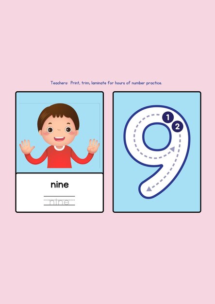 Vector kindergarten cute numbers worksheets handdrawn nine 9