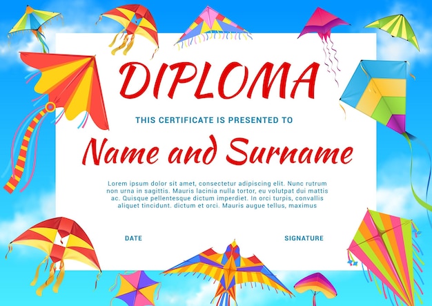 Kindergarten diploma, school certificate with color kites