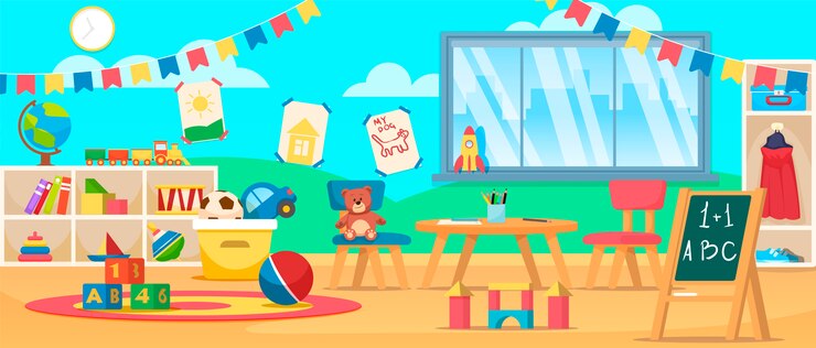 Vector kindergarten education interior. preschool classroom with desk, chairs and toys.