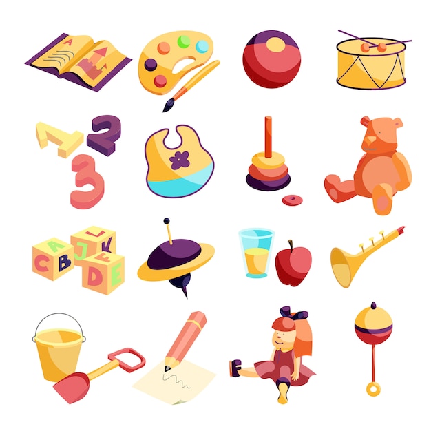 Kindergarten items icons set. cartoon illustration of 16 kindergarten items icons for web