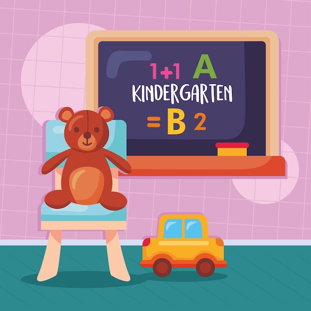 Kindergarten lettering in chalkboard and toys icons