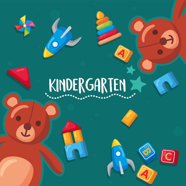 Kindergarten lettering and pattern toys icons