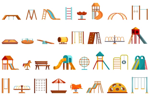 Kindergarten outdoor recreation area icons set cartoon vector Urban playground Play area