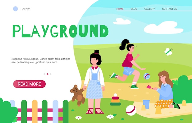 웹사이트에 대한 유치원 놀이터 방문 페이지입니다. 자연과 신선한 공기, 평면 만화 벡터 일러스트와 함께 공원에서 걷고 장난감을 노는 아이들