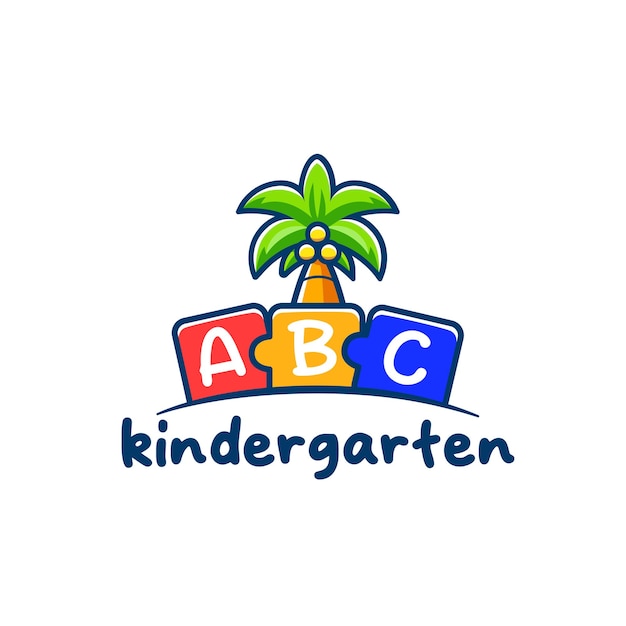 Vector kindergarten or preschool logo with palm tree icon