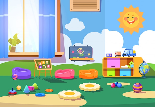 Kindergarten room. Empty playschool room with toys and furniture. Kids playroom cartoon  interior