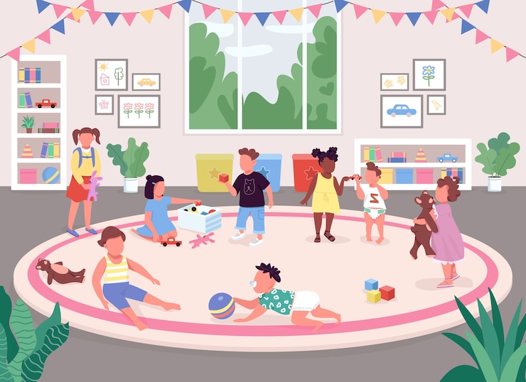 Vector kindergarten room flat color . children play in recreation room 2d cartoon faceless characters with toys, bookshelves, pink carpet and big window on background