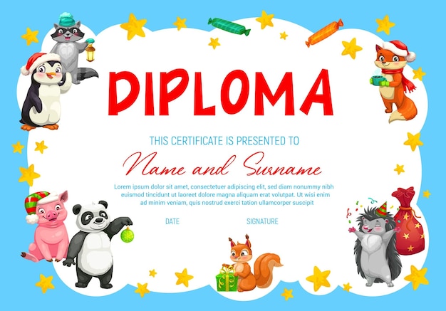 Vettore diploma di scuola materna con simpatici animali