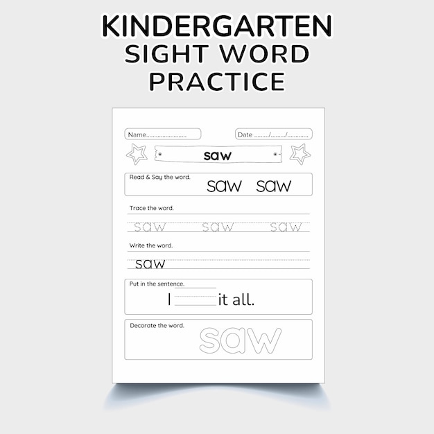 Vector kindergarten sight word practice worksheet preprimary home schooling