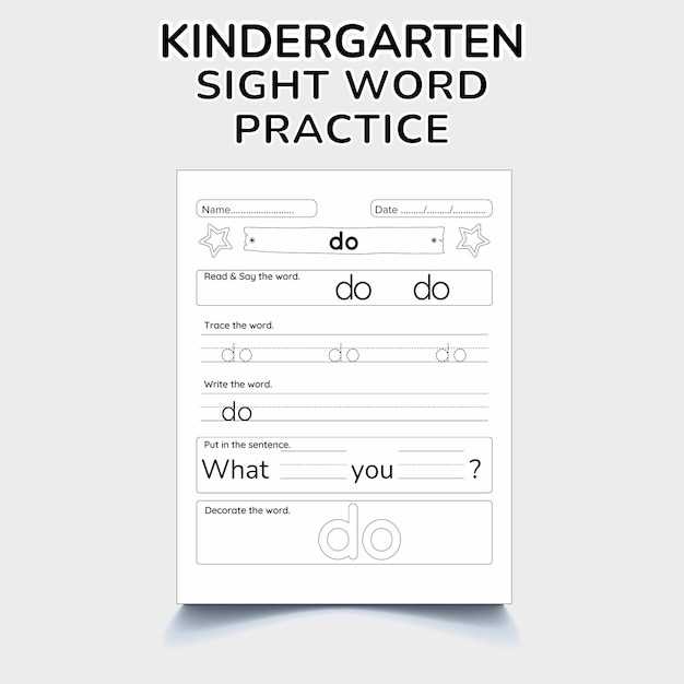 Vector kindergarten sight word practice worksheet preprimary home schooling